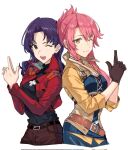  2girls :d ;d back-to-back belt black_gloves black_shirt blue_shirt blue_skirt blush breasts brown_belt brown_eyes brown_pants carrie_keranen closed_mouth commentary commission cowboy_shot cropped_jacket cropped_legs cross cross_necklace crossover ear_piercing earrings eiyuu_densetsu english_commentary finger_gun gloves hair_between_eyes highres jacket jewelry katsuragi_misato leather leather_belt leather_gloves long_hair long_sleeves looking_at_viewer medium_breasts medium_hair multiple_girls necklace neon_genesis_evangelion one_eye_closed open_clothes open_jacket open_mouth orange_eyes own_hands_together pants parted_bangs piercing pink_hair purple_hair rararamax red_jacket ribbed_shirt sara_valestein second-party_source sen_no_kiseki_(series) sen_no_kiseki_iii shirt shirt_tucked_in simple_background skirt smile stud_earrings turtleneck underbust voice_actor_connection white_background yellow_jacket 