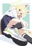  1girl animal_ear_fluff animal_ears birthday black_socks blonde_hair blue_archive blue_skirt blush border caahii commentary_request fox_ears fox_girl green_background green_eyes green_halo halo highres invisible_floor kurumi_(blue_archive) looking_at_viewer lying on_side open_mouth outline outside_border panties pantyshot pleated_skirt shirt shoes simple_background skirt socks solo two_side_up underwear white_border white_outline white_panties white_shirt white_shoes 