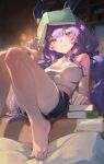 1girl absurdres alternate_costume arknights arknights:_endfield barefoot black_horns black_shorts book book_on_head breasts camisole commentary_request couch erulusyro highres horns indoors large_breasts looking_at_viewer object_on_head on_couch purple_eyes purple_hair shorts shortstack sitting solo typhoeus_(arknights) typhon_(arknights) white_camisole 