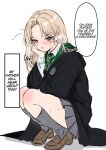  1girl absurdres arm_on_own_leg black_coat blonde_hair blush brown_shoes coat collared_shirt curtained_hair draco_malfoy draco_malfoy_(redteneri) earrings english_text facing_to_the_side genderswap genderswap_(mtf) green_eyes green_necktie grey_skirt grey_socks grey_sweater_vest hand_on_own_face harry_potter_(series) highres hogwarts_school_uniform hoop_earrings jewelry loafers long_hair long_sleeves looking_at_viewer nakatokung necktie open_mouth pleated_skirt school_uniform shadow shirt shoes simple_background skirt slytherin socks solo speech_bubble squatting sweatdrop sweater_vest tsundere white_background white_shirt wizarding_world 