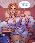  1girl alternate_costume artist_name blonde_hair blue_eyes blue_eyeshadow blue_lips bracelet breasts cleavage cocktail_glass commentary cup dress drinking_glass emma_frost english_text eyeshadow hand_on_own_hip highres indoors jeff_the_land_shark jewelry looking_at_viewer makeup marvel marvel_rivals poposhirat ring sleeveless sleeveless_dress solo speech_bubble white_dress 