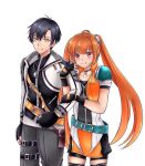  1boy 1girl ahoge arm_hug belt belt_pouch bike_shorts black_bike_shorts black_gloves black_hair black_shorts blue_belt brown_belt brown_hair buckle closed_mouth commentary_request cowboy_shot double-parted_bangs eiyuu_densetsu estelle_bright fingerless_gloves floating_hair gloves grey_pants hair_between_eyes hairband hetero high_collar highres jacket jewelry joshua_bright koi_kaoru leather_belt light_blush locket long_hair looking_at_viewer metal_hairband multiple_thigh_straps necklace open_clothes open_jacket orange_jacket pants parted_bangs pendant pouch red_eyes sen_no_kiseki_(series) sen_no_kiseki_iv short_hair shorts simple_background smile thigh_strap twintails very_long_hair white_background white_jacket yellow_eyes 