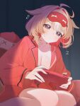  1girl absurdres ahoge alternate_breast_size_(larger) alternate_costume animal_ears blonde_hair blue_eyes breasts cleavage closed_mouth colored_inner_hair commentary controller flying_sweatdrops game_controller goat_ears goat_girl hair_intakes highres holding holding_controller holding_game_controller hololive indoors large_breasts mask mask_on_head multicolored_hair pajamas red_hair red_pajamas red_streaks shirt short_hair shusuchii sitting sleep_mask solo streaked_hair suzuna_tsuzuri untranslatable_commentary virtual_youtuber white_shirt 