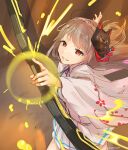  1girl bow_(weapon) braid brown_hair commentary_request floating_hair fox_mask grin heaven_burns_red highres holding holding_bow_(weapon) holding_weapon japanese_clothes kimono kiryuu_miya long_hair mask neck_ribbon open_clothes open_kimono purple_ribbon red_eyes ribbon sakura_no_yoru smile weapon 