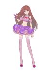  1girl absurdres aikatsu! aikatsu!_(series) brown_hair commentary_request crop_top detached_sleeves flower full_body hand_in_own_hair hand_up highres idol_clothes lace-trimmed_thighhighs lace_trim layered_skirt long_hair looking_at_viewer miniskirt navel pink_thighhighs purple_eyes purple_shirt purple_shoes red_flower red_ribbon red_rose ribbon rose shibuki_ran shirt shoes simple_background skirt solo standing thighhighs white_background yamaguchi_haruka_(tenpiboshi) 