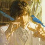  1boy animal arms_up bird blue_bird blue_eyes book bookshelf brown_hair closed_mouth collared_shirt commentary creamyghost henry_townshend highres holding holding_quill indoors jacket looking_at_animal looking_to_the_side male_focus necktie parted_bangs parted_hair quill second-party_source shirt silent_hill_(series) silent_hill_4:_the_room smile solo upper_body vest white_jacket white_necktie white_shirt white_vest wing_collar 