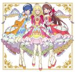  3girls :d absurdres aikatsu! aikatsu!_(series) blonde_hair blue_eyes blue_hair border closed_eyes commentary_request crown dress earrings fake_wings full_body gem gloves hairband high_heels highres holding_hands hoshimiya_ichigo idol_clothes interlocked_fingers jewelry kiriya_aoi long_hair looking_at_viewer multiple_girls open_mouth orange_gloves pantyhose pink_dress pink_shoes red_gloves red_shirt red_shoes red_skirt shibuki_ran shirt shoes skirt smile soleil_(aikatsu!) standing wings yamaguchi_haruka_(tenpiboshi) yellow_shoes 