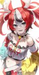  1girl animal_ear_fluff animal_ears asymmetrical_sleeves bare_shoulders black_gloves black_hair black_streaks blue_eyes breasts cheese choker clothes_writing detached_sleeves dice dice_hair_ornament double-parted_bangs english_commentary food gloves hair_between_eyes hair_ornament hakos_baelz hakos_baelz_(1st_costume) hands_on_own_hips highres hololive hololive_english impostor_(among_us) key lazyramen looking_at_viewer medium_breasts midriff mouse_ears mouse_tail mousetrap multicolored_hair multicolored_skirt navel open_mouth red_hair sharp_teeth single_glove skirt spiked_choker spikes standing streaked_hair tail teeth twintails uneven_twintails virtual_youtuber white_background white_hair 