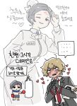  1girl 2boys black_hair blonde_hair blush boxing_gloves demian demian_(project_moon) friedbirdchips full-face_blush heart korean_text lady_in_blue_(project_moon) limbus_company mother_and_child mother_and_son multiple_boys one_eye_closed parent_and_child project_moon scarf short_hair sinclair_(project_moon) 