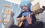  1girl acoustic_guitar aogiri_koukou black_pants black_shirt blue_hair casual cat commentary double-parted_bangs guitar harusame_urame heterochromia highres holding holding_guitar holding_instrument indian_style indoors instrument jellyfish_cut living_room looking_at_animal medium_hair motion_blur open_mouth pants playing_guitar playing_instrument raglan_sleeves red_eyes shirt sidelocks sitting smile solo taachika virtual_youtuber yellow_eyes 
