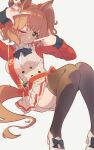  1girl absurdres animal_ears aston_machan_(flare)_(umamusume) aston_machan_(umamusume) black_bow black_bowtie black_thighhighs blush bow bowtie breasts brown_hair closed_mouth commentary_request crown finger_frame green_eyes hair_ornament hair_scrunchie highres horse_ears horse_girl horse_tail large_breasts long_sleeves looking_at_viewer mini_crown modi one_eye_closed red_nails red_sash red_scrunchie red_sleeves sash scrunchie shirt shoes shoulder_sash skirt smile solo tail thighhighs tilted_headwear umamusume white_shirt 