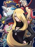  1girl bird black_coat black_sclera black_trim blonde_hair blue_feathers blue_flower blue_fur blue_rose blue_skin braviary breasts cleavage closed_mouth coat colored_sclera colored_skin commentary_request cynthia_(pokemon) dove dragon eagle eel eelektross fairy fangs feathers flower fur-trimmed_coat fur-trimmed_sleeves fur_collar fur_trim garchomp gastrodon gastrodon_(west) glaceon green_skin grey_eyes grey_skin hair_ornament hair_over_one_eye highres jackal kommo-o long_sleeves lucario medium_breasts milotic pokemon pokemon_(creature) pokemon_diamond/pearl/platinum red_eyes red_feathers red_flower red_lips red_rose red_sclera rose roserade scales sea_serpent shark_fin skin_fangs slug smile solo_focus spiritomb togekiss white_hair yellow_eyes yellow_scales yellow_trim yo3oekaki 