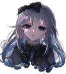  1girl ari_(xxrmsn_008) black_bow black_bowtie bow bowtie capelet commentary_request duel_monster eyelashes ghost_belle_&amp;_haunted_mansion grey_eyes grey_hair hair_bow highres long_hair looking_at_viewer open_mouth portrait solo traditional_bowtie white_background yu-gi-oh! 