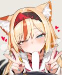  1boy 1girl absurdres animal_ear_fluff animal_ears black_survival blonde_hair blue_eyes cat_ears censored choker commentary double_v earrings eternal_return:_black_survival fellatio fish_earrings hairband heart hetero heterochromia highres irem_(black_survival) jewelry licking licking_penis looking_at_viewer multicolored_hair multicolored_nails nail_polish oral orange_eyes out_of_frame penis pov red_shirt red_streaks sailor_collar shenqi_xiaohuang shirt simple_background solo_focus streaked_hair tongue tongue_out v white_background white_sailor_collar 