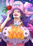  1girl ascot big_nose breasts catarina_devon earrings english_text flower grin hat hat_flower highres huge_breasts jewelry long_hair looking_at_viewer one_piece orange_eyes pirate_hat purple_hair red_flower red_rose rose smile teeth upper_body yellow_ascot youkan_(tako) 