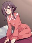  1girl :3 absurdres blush_stickers brown_hair commentary frilled_shirt_collar frills highres kono_subarashii_sekai_ni_shukufuku_wo! long_sleeves looking_at_viewer megumin noyama_takenoko on_bed pajamas pants pillow red_eyes red_pajamas red_pants short_hair_with_long_locks sitting smile solo 