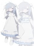  1girl colored_petticoat commentary commission dress full_body hair_ornament highres holding holding_pillow long_hair long_sleeves looking_at_viewer one_eye_closed original petticoat pillow pom_pom_(clothes) pom_pom_hair_ornament sakakiai skeb_commission sleepy slippers socks white_dress white_slippers white_socks zoom_layer 