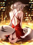  1girl absurdres alternate_costume animal_ear_fluff animal_ears artist_name ass backless_dress backless_outfit bare_shoulders barefoot black_panties braid breasts commentary dress feet fox_ears fox_girl fox_tail from_behind highres hsin_(wuthering_waves) kneeling large_breasts median_furrow orange_background panties profile red_dress ringeko-chan sitting soles solo tail toes underwear untranslatable_commentary wuthering_waves 