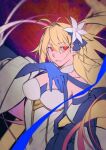  1girl antenna_hair archetype_earth archetype_earth_(third_ascension) arcueid_brunestud backless_outfit bare_shoulders blue_bow blue_dress blue_flower blue_gloves blue_ribbon bow breasts cleavage collar commentary detached_collar detached_sleeves dress fate/grand_order fate_(series) floating_clothes floating_hair flower full_moon gloves glowing glowing_eyes gold_trim gradient_hair hair_between_eyes hair_bow hair_flower hair_ornament hand_up highres hiro_(hirohiro_gorira) long_dress long_hair looking_at_viewer moon multicolored_hair pink_hair puffy_detached_sleeves puffy_sleeves red_eyes red_moon ribbon single_hair_intake solo two-tone_dress two-tone_hair very_long_hair white_collar white_dress white_flower white_sleeves wide_sleeves wind 