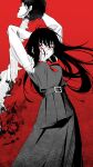  1girl absurdres alternate_breast_size_(larger) belt black_hair blood blood_splatter breasts chainsaw_man commentary_request cross_scar dress duan_ssa greyscale_with_colored_background highres holding holding_sword holding_weapon long_sidelocks long_sleeves neck_ribbon pinafore_dress red_background red_eyes ribbon ringed_eyes scar scar_on_cheek scar_on_face scar_on_nose sidelocks skirt sleeveless sleeveless_dress suspender_skirt suspenders sword unconventional_weapon weapon yoru_(chainsaw_man) 