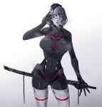  1girl absurdres android black_bodysuit black_hair blue_eyes bob_cut bodysuit commentary english_commentary eule_(signalis) garrison_cap hat highres holding holding_sword holding_weapon joints mechanical_arms mechanical_legs robot_girl robot_joints saltisan short_hair signalis simple_background skin_seams sword weapon 