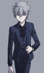  11kkr 1boy closed_mouth commentary_request dress_shirt grey_background grey_hair hair_between_eyes jacket male_focus nagisa_kaworu necktie neon_genesis_evangelion open_clothes open_jacket pale_skin pants red_eyes shirt short_hair simple_background solo straight-on suit vest waistcoat watch wristwatch 