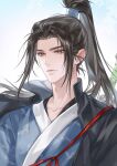  1boy absurdres all_wishes_come_true! animal_print bird_print bishounen black_cape black_hair blue_hanfu brown_eyes cape chinese_clothes chinese_commentary closed_mouth collarbone commentary_request day eyelashes hair_tie hanfu hechenren high_ponytail highres long_hair looking_at_viewer lord_of_dark_blade_(all_wishes_come_true!) lv_dongbin_(all_wishes_come_true!) male_focus outdoors ponytail shoulder_strap sidelocks sky smile solo sword sword_on_back upper_body weapon weapon_on_back 