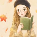  1girl autumn_leaves beret black_headwear blush book brown_eyes brown_hair brown_sweater glasses hat holding holding_book leaf lips long_hair long_sleeves looking_to_the_side maple_leaf open_book original parted_lips pink_lips simple_background solo sweater tan_background tokoyu upper_body wavy_hair white-framed_eyewear 