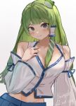  1girl blue_eyes blue_skirt blush breasts cleavage closed_mouth collared_shirt commentary detached_sleeves frog_hair_ornament green_hair hair_ornament hair_tubes highres kochiya_sanae long_hair looking_at_viewer medium_breasts midriff sample_watermark shirt simple_background single_hair_tube skirt sleeveless sleeveless_shirt smile snake_hair_ornament solo touhou vanilla_flan watermark white_background white_shirt 