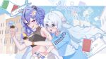  2girls absurdres aircraft airplane alternate_costume antenna_hair biwahoushi_(b1wahoush1) blue_eyes blue_hair blue_streaks blush breasts commentary_request double-parted_bangs double_bun food hair_between_eyes hair_bun hair_ornament hair_rings highres holding holding_food holding_ice_cream holding_ice_cream_cone ice_cream ice_cream_cone italian_flag long_hair multicolored_hair multiple_girls noripro open_mouth passport pink_eyes shirt short_sleeves smile streaked_hair sukitou_luccica ticket upper_body virtual_youtuber yukinose_kumochi 