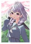  1girl ahoge aogiri_koukou aogiri_school_uniform ascot black_sailor_collar black_serafuku blue_serafuku blurry blurry_background braid braided_twintails cherry_blossoms commentary_request depth_of_field glasses grey_hair hair_ornament hand_on_own_cheek hand_on_own_face heart heart_hair_ornament highres lightning_ahoge long_sleeves looking_at_viewer low_twin_braids low_twintails moemi official_alternate_costume open_mouth outdoors pleated_skirt purple_eyes round_eyewear sailor_collar school_uniform serafuku skirt solo taachika tucking_hair twin_braids twintails virtual_youtuber white_ascot 