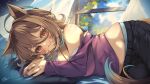  1girl absurdres agnes_tachyon_(casual)_(umamusume) agnes_tachyon_(umamusume) ahoge animal_ears bare_shoulders black_pants blue_nails blush bra_strap breasts brown_hair closed_mouth commentary_request earrings hair_between_eyes highres horse_ears horse_girl horse_tail jewelry large_breasts long_sleeves looking_at_viewer lying medium_hair midriff necklace off-shoulder_shirt off_shoulder on_bed on_side pants purple_shirt purple_sweater red_eyes shirt short_hair single_earring smile solo sweater tail umamusume window wolf_cut woruta_(soloistlist) 