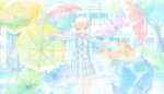  1girl after_rain alternate_hair_length_(shorter) bare_legs blonde_hair bloom_festival_(project_sekai) blue_jacket blue_umbrella closed_mouth collared_shirt colorful_palette dot_nose ear_piercing feet_out_of_frame game_asset green_umbrella half-closed_eyes highres holding holding_umbrella jacket lapels light_smile long_sleeves looking_down medium_skirt necktie notched_lapels official_alternate_costume official_alternate_hairstyle official_art open_clothes open_jacket orange_umbrella outdoors pastel_colors piercing pink_eyes pink_umbrella plaid_clothes plaid_skirt project_sekai purple_necktie purple_umbrella red_umbrella see-through_clothes see-through_jacket shirt short_hair skirt solo split_mouth standing star_(symbol) tenma_saki third-party_source too_many_umbrellas transparent transparent_umbrella tree umbrella vest wet wet_clothes white_shirt white_skirt white_vest yellow_umbrella 