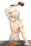  1boy genshin_impact hammer huahua123569 kaedehara_kazuha male_focus multicolored_hair navel nipples penis ponytail pubic_hair red_eyes red_hair streaked_hair sword testicle topless_male weapon 