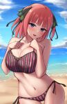  1girl beach bikini black_ribbon blue_eyes blue_sky blush breasts butterfly_hair_ornament cloud cloudy_sky commentary go-toubun_no_hanayome hair_ornament hair_ribbon highres lank_(lankdesu) large_breasts looking_at_viewer nakano_nino open_mouth pink_hair ribbon sky solo swimsuit 