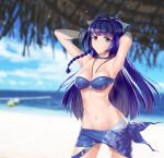  1girl ahoge armpits arms_behind_head beach between_breasts bikini blue_bikini blue_bow blue_choker blue_eyes blue_hair blue_sarong blue_sky blunt_bangs blurry blurry_background bow braid breasts chinese_commentary choker cleavage cloud cloudy_sky collarbone commentary_request contrapposto cowboy_shot day floral_print gotointhepark hair_bow hair_intakes highres honkai_(series) honkai_impact_3rd horizon long_hair looking_at_viewer medium_breasts navel ocean outdoors photoshop_(medium) ponytail print_sarong raiden_mei raiden_mei_(vast_ocean) sarong side_braid silver_trim single_braid sky smile solo stomach swimsuit tropical very_long_hair volleyball_net 