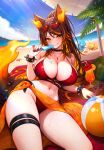  1girl :q absurdres animal_ears ball beach beach_umbrella beachball bikini black_choker black_nails blonde_hair blush breasts brown_hair choker cleavage clickdraws cocktail colored_inner_hair commentary english_commentary eyewear_on_head fiery_ears fiery_tail fire food fruit glasses highres holding holding_food holding_popsicle indie_virtual_youtuber jewelry large_breasts multicolored_hair navel necklace ocean orange_eyes orange_streaks popsicle red_bikini second-party_source sinder_(vtuber) spiked_cuffs starfish streaked_hair sweat swimsuit tail tongue tongue_out umbrella virtual_youtuber watermelon zipper 