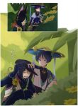  2boys animal_ears black_bodysuit black_gloves black_hair black_hoodie black_pants black_sleeves blue_cape blue_eyes blue_gem blue_hat blue_jingasa blue_kimono blunt_ends blush bodysuit bush cape choppy_bangs closed_eyes closed_mouth commentary_request drawstring eyeliner facing_down flower flower_ornament flying_sweatdrops fox_boy fox_ears game_screenshot_inset gem genshin_impact gloves gold hair_between_eyes hat highres hood hoodie japanese_clothes jingasa juban kimono leaf long_sleeves looking_at_another lower_teeth_only makeup mandarin_collar multiple_boys niko_ko0 open_clothes open_kimono open_mouth pants petting plant red_eyeliner reference_inset scaramouche_(genshin_impact) screenshot_inset shoulder_peek side_cape squatting sweatdrop teeth tighnari_(genshin_impact) translation_request tsurime vision_(genshin_impact) wanderer_(genshin_impact) white_kimono yellow_flower 