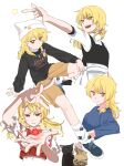  2girls absurdres alternate_costume animalization apron beanie black_cat black_shirt black_skirt black_vest blonde_hair blue_shirt blue_shoes bow braid cat clothes_writing collared_shirt commentary_request flandre_scarlet frilled_shirt_collar frills grin hair_bow hat highres kirisame_marisa ktune_udon leg_warmers long_hair long_sleeves looking_at_viewer missing_headwear multiple_girls orange_eyes orange_shorts patchouli_knowledge puffy_short_sleeves puffy_sleeves purple_bow red_eyes red_vest shirt shoes short_sleeves shorts side_braid single_braid skirt smile touhou vest waist_apron white_apron white_hat white_leg_warmers white_shirt 