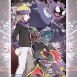  1boy absurdres artist_name banette black_sweater blonde_hair claws closed_mouth colored_sclera commentary company_name copyright_notice drifblim dusk_ball english_commentary from_side gastly gengar ghost_type_theme_(pokemon) grin haunter headband highres holding holding_poke_ball long_sleeves male_focus mega_banette mega_pokemon merchandise_available misdreavus morty_(pokemon) official_style open_mouth outline pants poke_ball pokemon pokemon_(creature) pokemon_heartgold_and_soulsilver pokemon_team purple_eyes purple_headband purple_scarf red_eyes scarf short_hair slit_pupils smile solid_oval_eyes standing sweater teeth tom_higgins v-shaped_eyes watermark white_outline white_pants yellow_sclera 