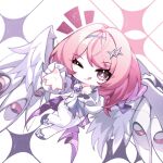  1girl :p ;p breasts chibi commentary dress feathered_wings highres jfifwebp looking_at_viewer mechanical_wings one_eye_closed pink_hair purple_eyes remielle_dan simple_background solo thighhighs tongue tongue_out white_background white_dress white_thighhighs white_wings wings zenless_zone_zero 