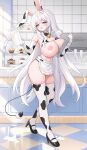  1girl absurdres animal_ears animal_print apron arme_(cgsy7484) bell bikini bikini_top_lift black_bow black_bowtie black_shoes blush bow bowtie breasts cake cake_slice champagne_flute clothes_lift collar commentary commission counter cow_print cow_print_bikini cow_print_gloves cow_print_thighhighs cow_tail cup cupcake detached_collar drinking_glass ear_tag elbow_gloves english_commentary fake_animal_ears fake_tail food frilled_apron frills full_body furrowed_brow garter_straps gloves high_heels highres holding holding_cup holding_tray huge_breasts indoors lactation long_hair looking_at_viewer micro_bikini milk neck_bell nipples open_mouth original pixiv_commission print_bikini print_gloves print_thighhighs rabbit_ears red_eyes shoes solo standing swimsuit tail thighhighs tray very_long_hair waist_apron white_apron white_collar white_hair white_wrist_cuffs wrist_cuffs 