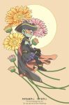  1girl black_cape black_dress black_gloves black_hat black_shoes black_thighhighs brown_eyes bud cape chili_(dq10) colored_skin commentary_request dragon_quest dragon_quest_x dress earrings elbow_gloves eye_mask floral_background flower gerbera gloves green_skin hat hoop_earrings invisible_chair jewelry large_ears mask official_alternate_costume orange_flower petite pink_flower purple_trim red_cape shoes short_hair silver_earrings sitting sleeveless sleeveless_dress solo spica5577 thighhighs two-sided_cape two-sided_fabric yellow_background yellow_flower 