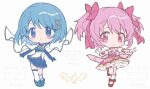  2girls :< :o @lm back_bow bandaged_leg bandages blue_boots blue_collar blue_eyes blue_gem blue_gloves blue_hair blue_shirt blue_skirt blue_sleeves blush_stickers boots bow bowtie brooch buttons cape center_frills chibi closed_mouth clothing_cutout collar collared_cape commentary_request corset curious detached_collar detached_sleeves determined diamond_button eyes_visible_through_hair floating_cape footwear_bow fortissimo frilled_shirt frilled_skirt frilled_socks frills frown gem gloves hair_bow hair_ornament hairclip high_collar jewelry kaname_madoka kaname_madoka_(magical_girl) kneehighs large_bow leg_up lock long_sleeves looking_at_viewer magical_girl mahou_shoujo_madoka_magica mahou_shoujo_madoka_magica:_walpurgis_no_kaiten miki_sayaka miki_sayaka_(magical_girl) miniskirt multiple_girls musical_note musical_note_hair_ornament open_mouth outstretched_arms padlock petticoat pink_bow pink_bowtie pink_corset pink_eyes pink_gem pink_hair pink_skirt pleated_skirt puffy_short_sleeves puffy_sleeves red_bow red_shoes shirt shoes short_hair short_sleeves short_twintails simple_background single_thighhigh skirt sleeveless sleeveless_shirt socks soul_gem_(madoka_magica) standing stomach_cutout stomach_jewel strapless strapless_shirt tareme thighhighs twintails two-tone_shirt white_background white_cape white_gloves white_shirt white_sleeves white_socks white_thighhighs 