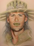  1boy beard commentary_request cowboy_hat facial_hair goggles goggles_on_headwear gold_teeth graphite_(medium) green_eyes green_hat green_lips green_shirt grey_hair grills gyro_zeppeli hat high_collar highres hitomi_(ekakinohitomi) jojo_no_kimyou_na_bouken lipstick looking_at_viewer makeup male_focus portrait shirt smile solo steel_ball_run traditional_media 
