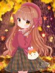  1girl animal_bag autumn_leaves bag beret bow braid brown_hair cardigan commentary falling_leaves hair_bow handbag hat high-waist_skirt highres leaf long_hair long_sleeves nekomura_yuyuko orange_eyes original own_hands_together peter_pan_collar plaid_clothes plaid_skirt pleated_skirt red_bow red_cardigan red_hat side_braids skirt sleeves_past_wrists 