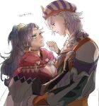  1boy 1girl blue_hair braid breasts circlet cleavage cloak closed_mouth commentary_request couple crescent crescent_earrings dark-skinned_female dark_skin earrings fire_emblem fire_emblem:_fortune's_weave gold_earrings green_eyes hair_ornament hat hat_feather hetero high_ponytail highres jewelry large_breasts leda_(fire_emblem) long_hair micro_fe necklace open_mouth ponytail purple_hair red_cloak sirocco_(fire_emblem) turban upper_body wavy_hair white_background 
