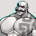  1boy bald bara braum_(league) chest_tattoo close-up closed_eyes facial_hair grey_background highres large_pectorals league_of_legends marloncores muscular muscular_male mustache nipples pectorals simple_background tattoo thick_eyebrows 
