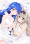  2girls antenna_hair bare_arms bare_shoulders black_bow blonde_hair blue_hair bow braid breasts butterfly_hair_ornament choker cleavage closed_mouth commentary_request couple dot_nose dress frilled_dress frills hair_bow hair_intakes hair_ornament highres holding_hands howa_kurea howa_kurea_(civilian) interlocked_fingers large_breasts long_hair looking_at_viewer meitantei_precure! moria_luluka moria_luluka_(civilian) multiple_girls open_mouth parted_bangs precure purple_eyes side_braid sleeveless sleeveless_dress smile straight_hair sundress teina white_choker white_dress white_lily yellow_eyes yuri 
