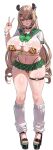  1girl absurdres animal_ears animal_print bikini blush breasts brown_hair choclo_draws commentary english_commentary green_eyes green_nails green_sailor_collar green_skirt grin gyaru high_heels highres huge_breasts indie_virtual_youtuber leg_warmers leopard_print leopard_print_bikini long_hair microskirt navel_piercing nimi_nightmare piercing platform_heels print_bikini revealing_clothes sailor_collar see-through_clothes see-through_shirt shirt skirt smile solo swimsuit tapir_ears tapir_girl thick_thighs thigh_strap thighs v virtual_youtuber white_background white_leg_warmers white_shirt 